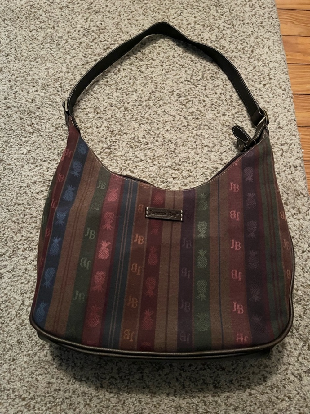 Vintage Jamaica Bay Pineapple Striped Shoulder Bag with Leather Accents
